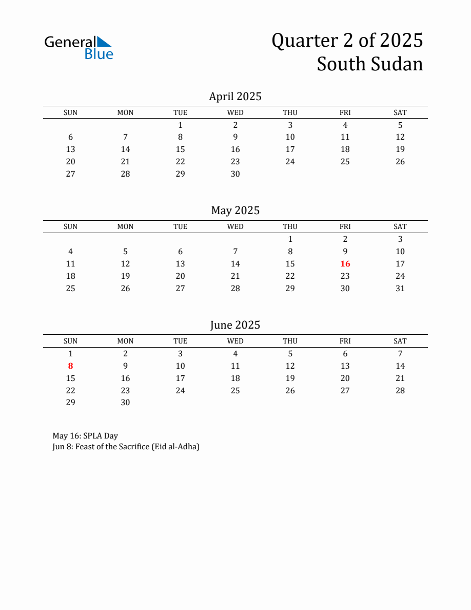 Quarter 2 2025 South Sudan Quarterly Calendar