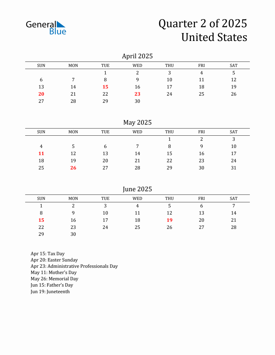 Quarter 2 2025 Calendar 