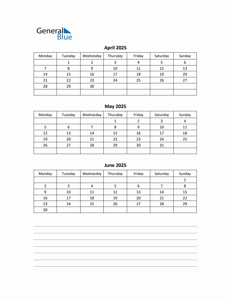 Free Printable Q2 Quarterly Calendar 2025