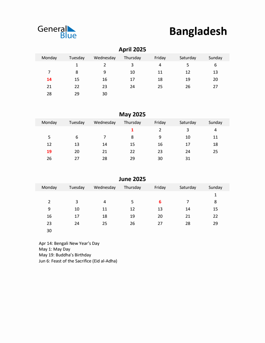 Printable Quarterly Calendar with Notes and Bangladesh Holidays Q2 of 2025