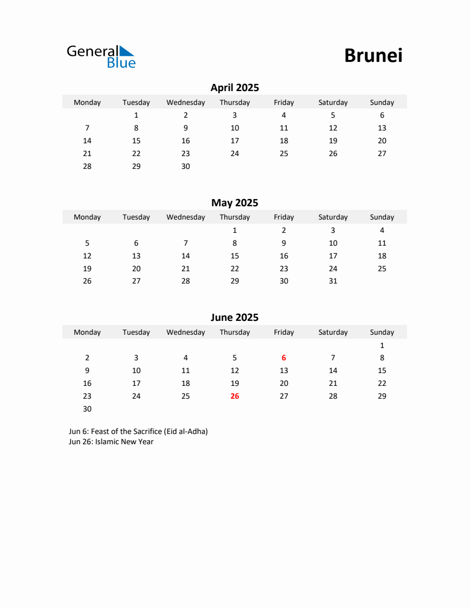 Printable Quarterly Calendar with Notes and Brunei Holidays Q2 of 2025