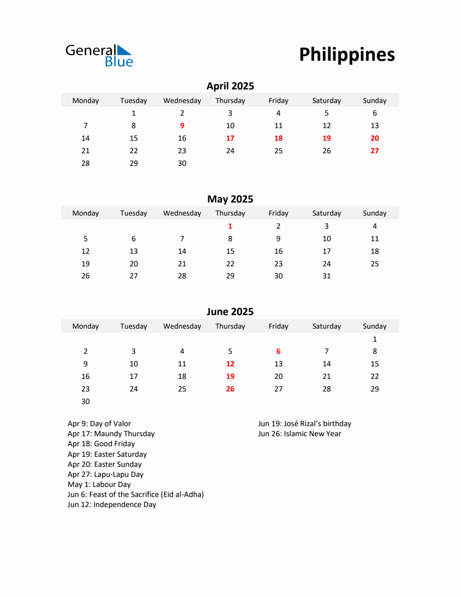 Printable Quarterly Calendar with Notes and Philippines Holidays Q2 of