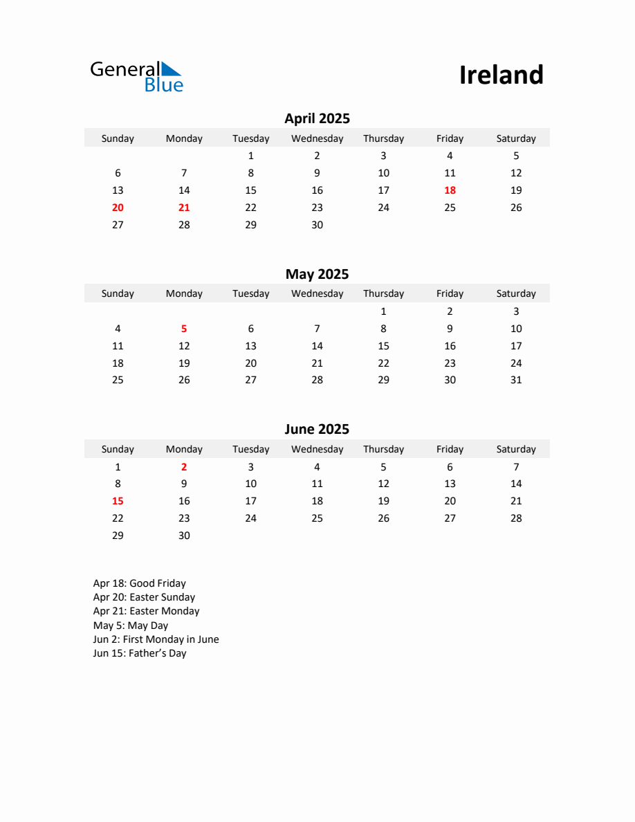 Printable Quarterly Calendar with Notes and Ireland Holidays Q2 of 2025