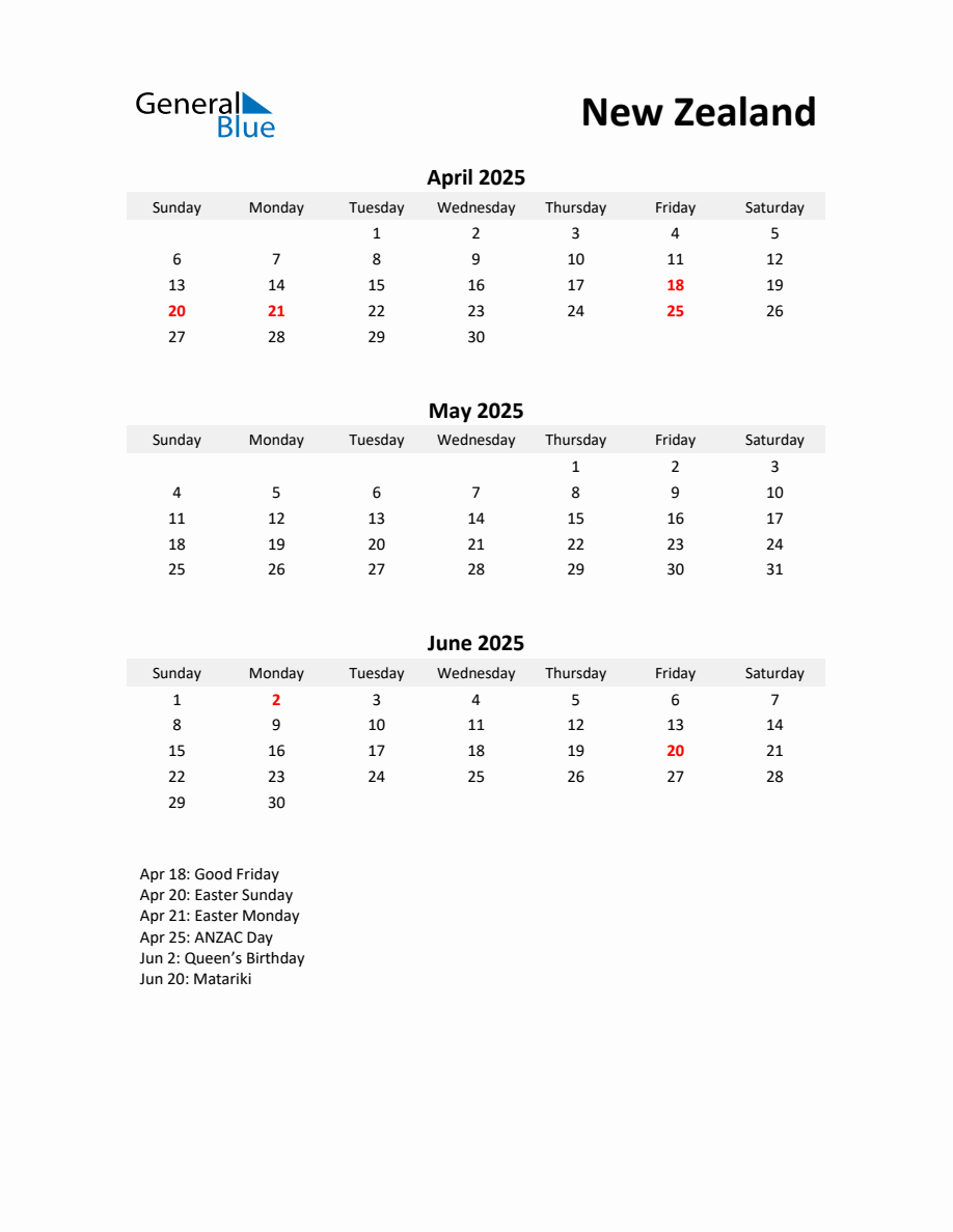 Printable Quarterly Calendar with Notes and New Zealand Holidays Q2 of