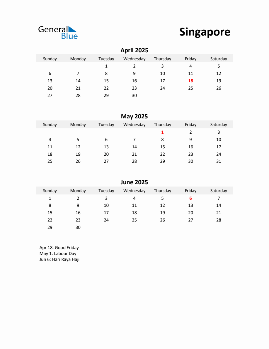 Printable Quarterly Calendar with Notes and Singapore Holidays Q2 of 2025