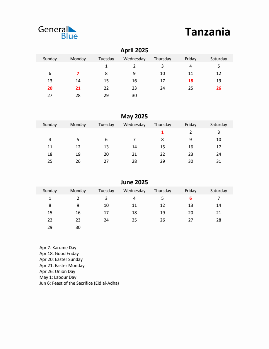 Printable Quarterly Calendar with Notes and Tanzania Holidays Q2 of 2025