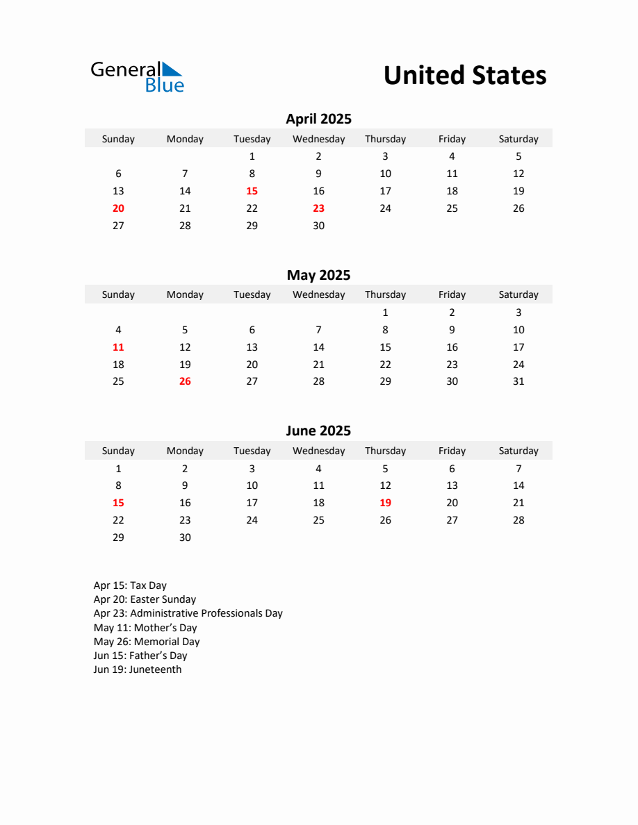 Printable Quarterly Calendar with Notes and United States Holidays Q2