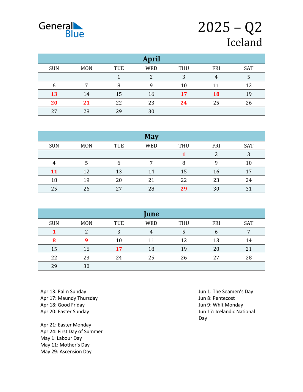  Three-Month Planner for Q2 2025 with Holidays