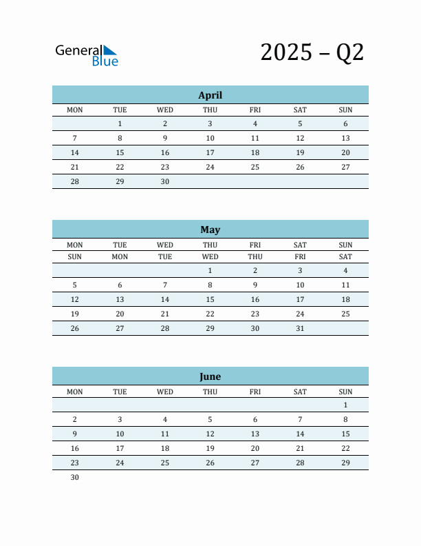 April, May, and June 2025 Calendar