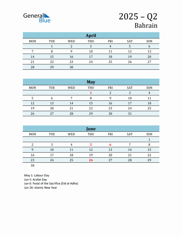 Three-Month Planner for Q2 2025 with Holidays - Bahrain