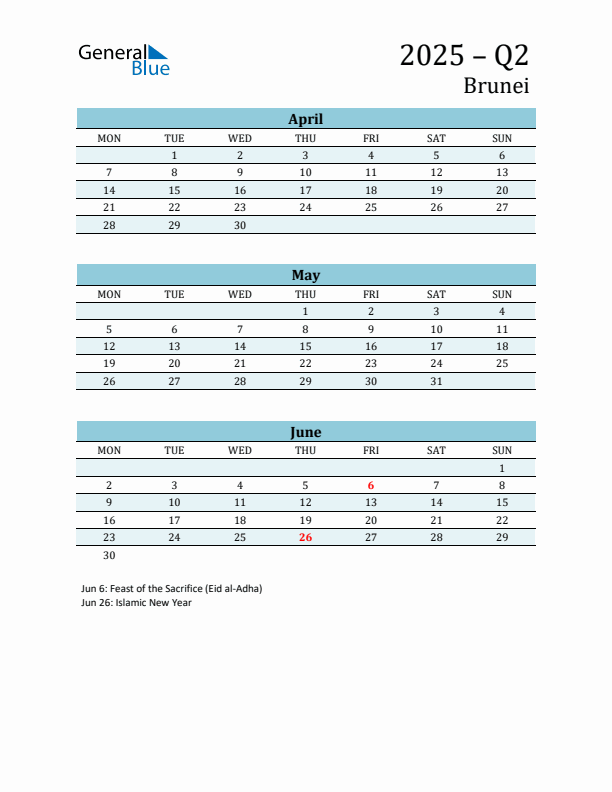 Three-Month Planner for Q2 2025 with Holidays - Brunei