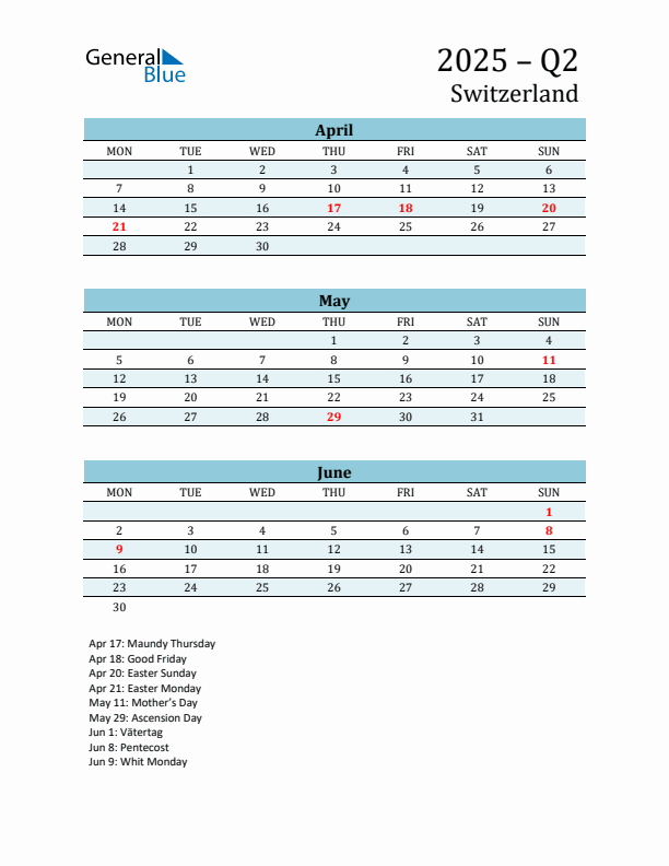 Three-Month Planner for Q2 2025 with Holidays - Switzerland