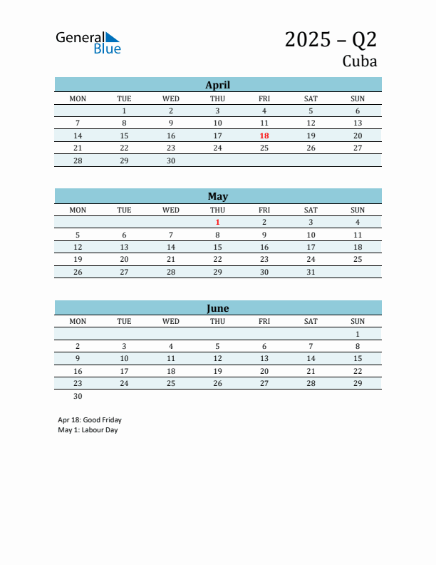 Three-Month Planner for Q2 2025 with Holidays - Cuba