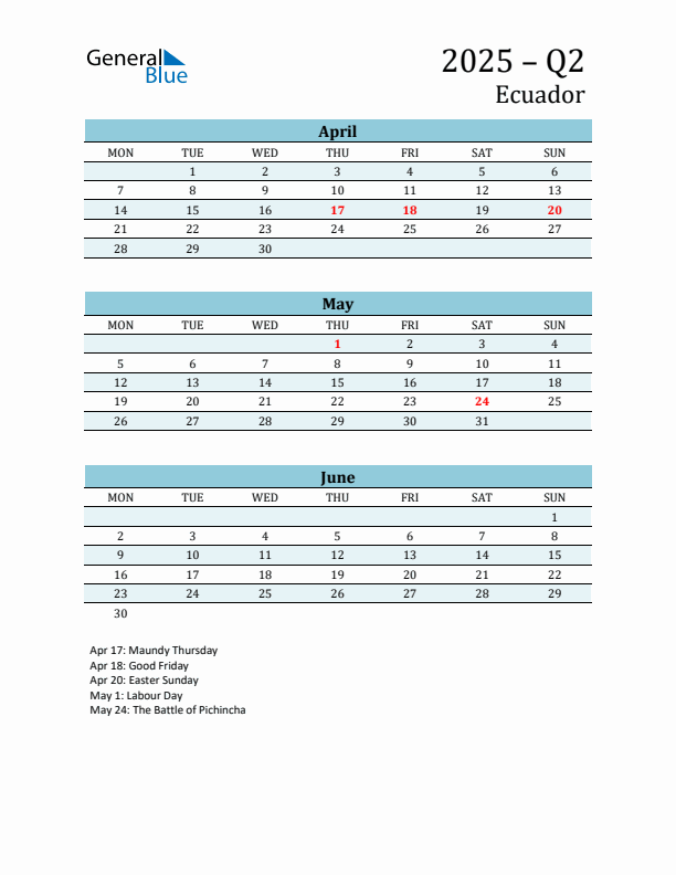 Three-Month Planner for Q2 2025 with Holidays - Ecuador