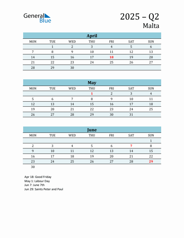 Three-Month Planner for Q2 2025 with Holidays - Malta