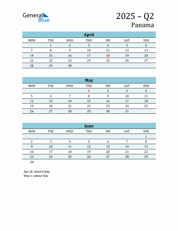 Three-Month Planner for Q2 2025 with Holidays - Panama