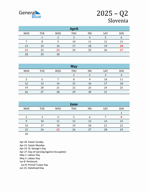 Three-Month Planner for Q2 2025 with Holidays - Slovenia