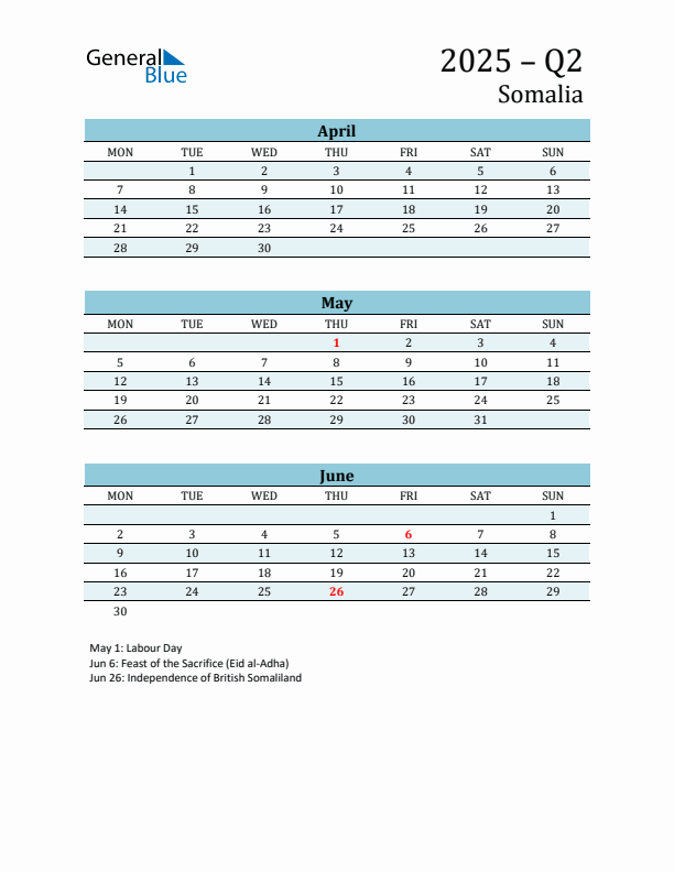 Three-Month Planner for Q2 2025 with Holidays - Somalia