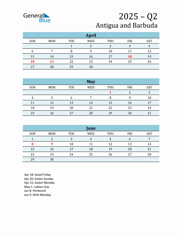 Three-Month Planner for Q2 2025 with Holidays - Antigua and Barbuda