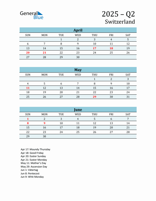 Three-Month Planner for Q2 2025 with Holidays - Switzerland