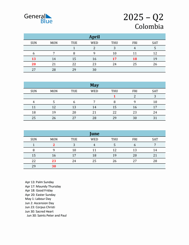 Three-Month Planner for Q2 2025 with Holidays - Colombia