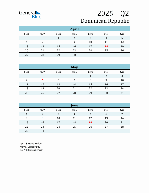 Three-Month Planner for Q2 2025 with Holidays - Dominican Republic