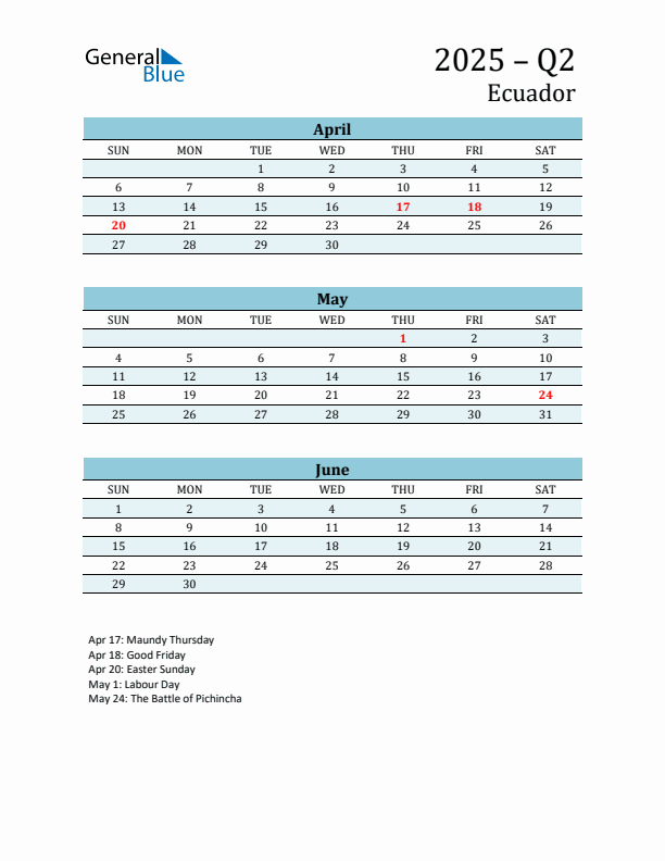 Three-Month Planner for Q2 2025 with Holidays - Ecuador