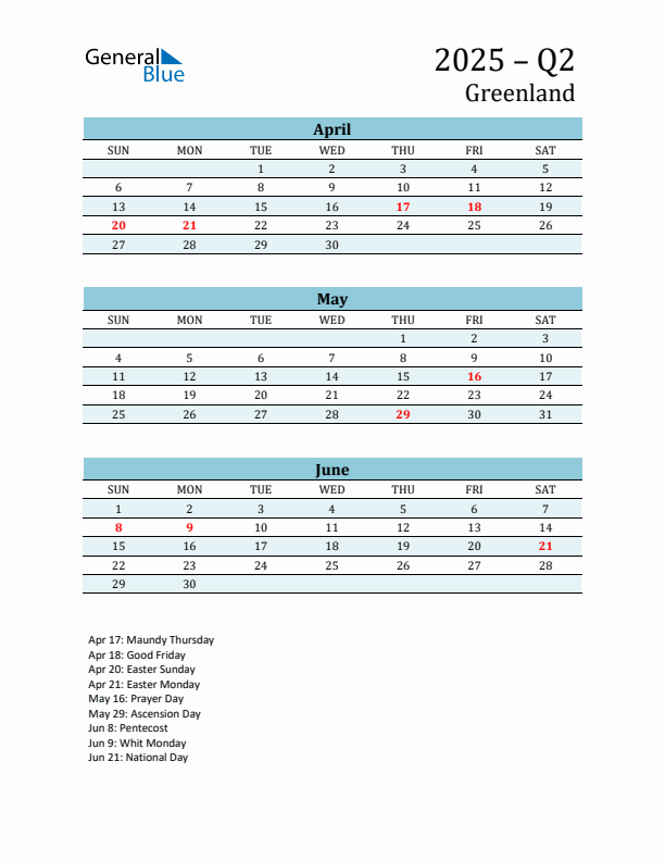 Three-Month Planner for Q2 2025 with Holidays - Greenland