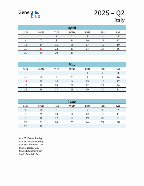 Three-Month Planner for Q2 2025 with Holidays - Italy