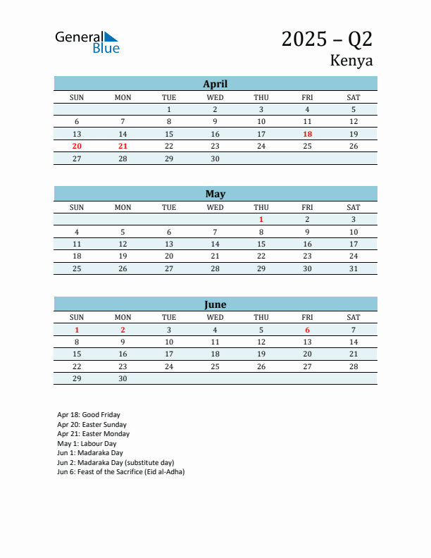 Three-Month Planner for Q2 2025 with Holidays - Kenya