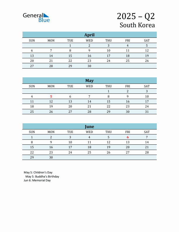 Three-Month Planner for Q2 2025 with Holidays - South Korea