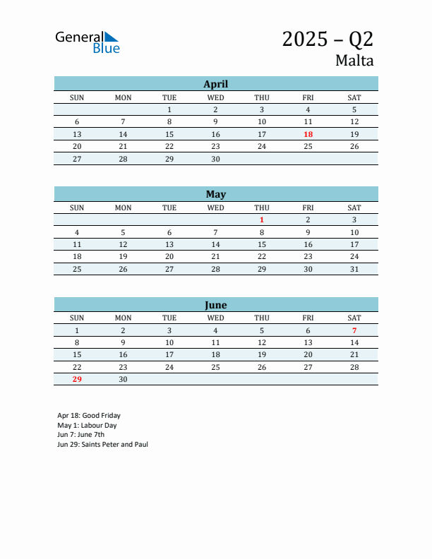 Three-Month Planner for Q2 2025 with Holidays - Malta