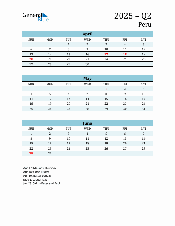 Three-Month Planner for Q2 2025 with Holidays - Peru