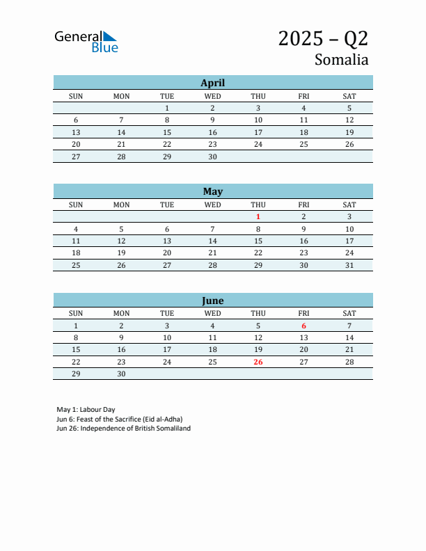 Three-Month Planner for Q2 2025 with Holidays - Somalia