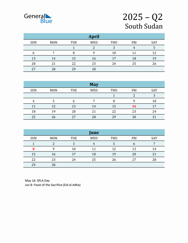 Three-Month Planner for Q2 2025 with Holidays - South Sudan