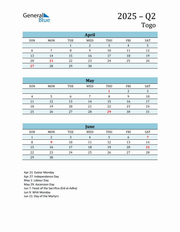 Three-Month Planner for Q2 2025 with Holidays - Togo