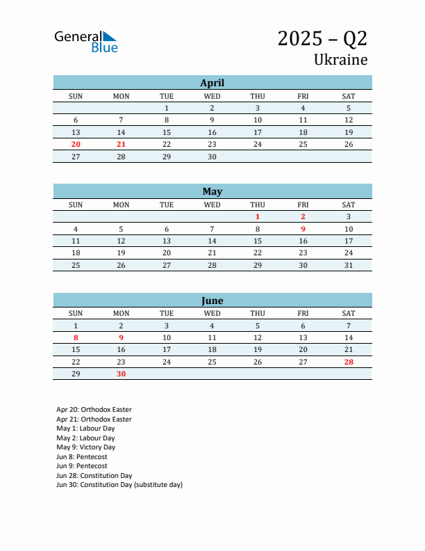 Three-Month Planner for Q2 2025 with Holidays - Ukraine