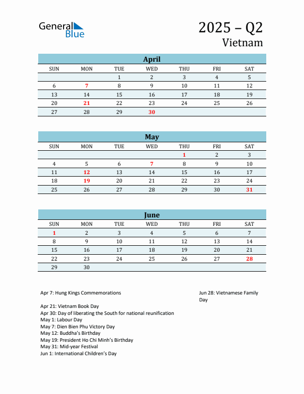 Three-Month Planner for Q2 2025 with Holidays - Vietnam