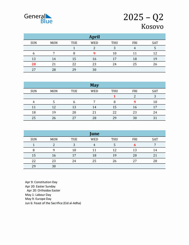 Three-Month Planner for Q2 2025 with Holidays - Kosovo