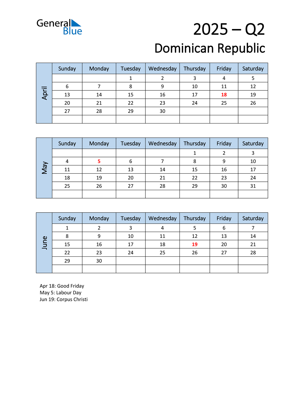 Free Q2 2025 Calendar for Dominican Republic