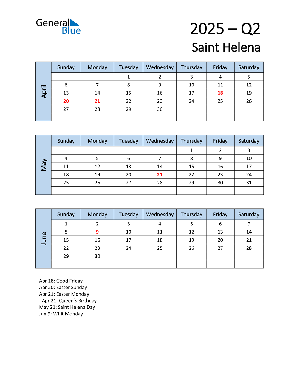Q2 2025 Quarterly Calendar with Saint Helena Holidays