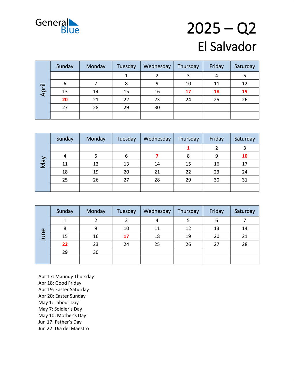  Free Q2 2025 Calendar for El Salvador