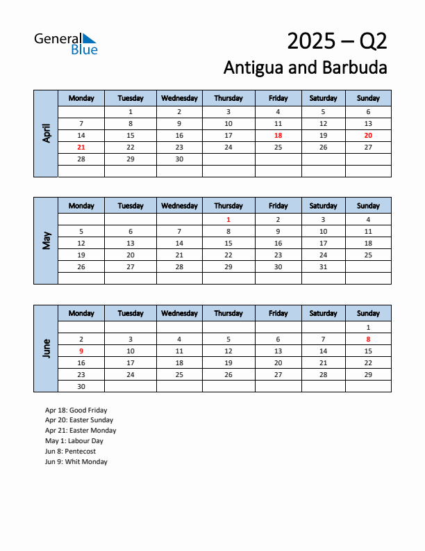 Free Q2 2025 Calendar for Antigua and Barbuda - Monday Start