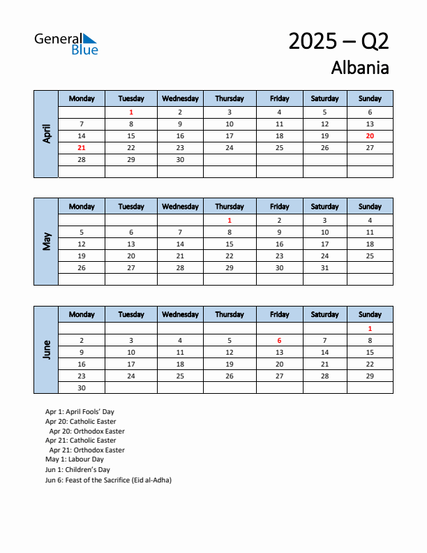 Free Q2 2025 Calendar for Albania - Monday Start