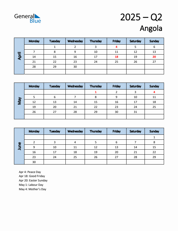 Free Q2 2025 Calendar for Angola - Monday Start