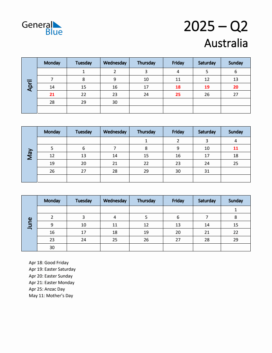 Free Q2 2025 Calendar for Australia Monday Start