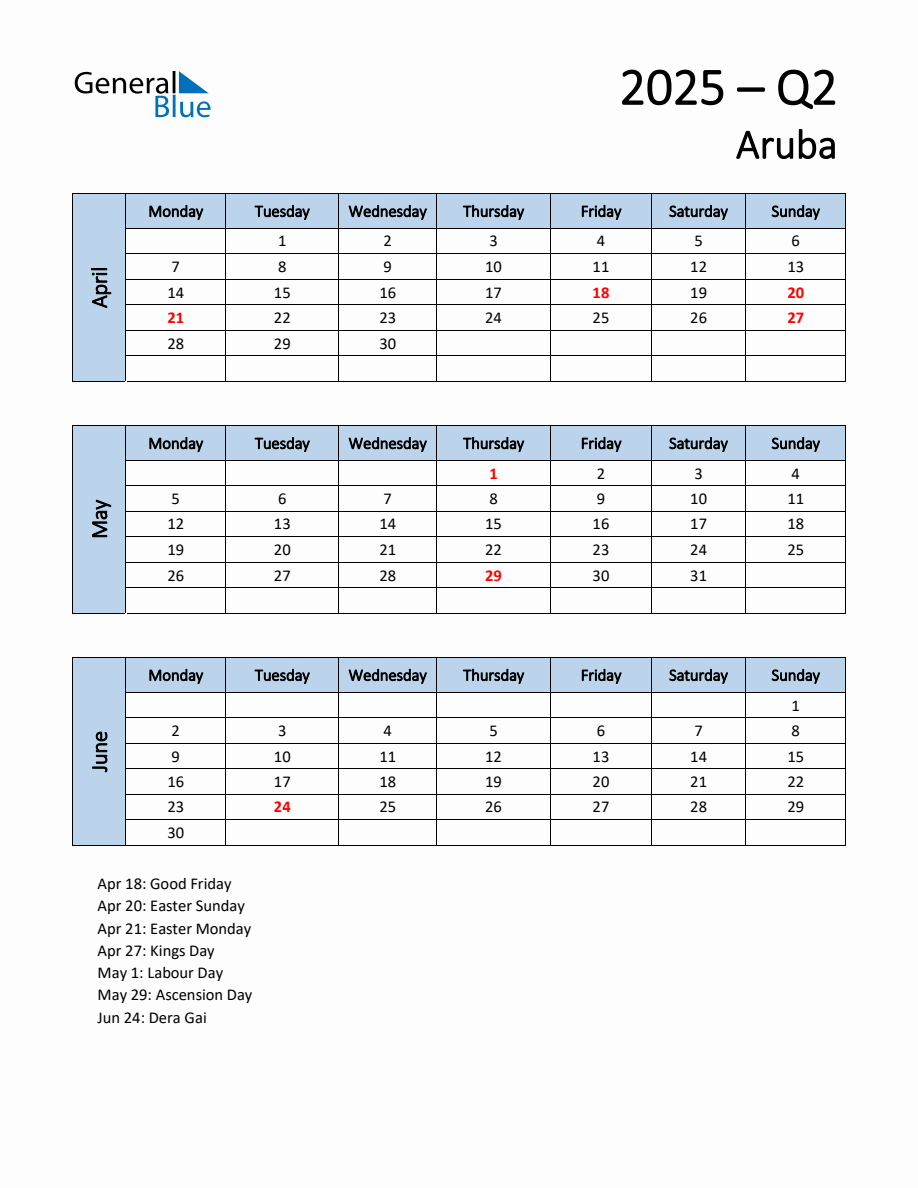 Free Q2 2025 Calendar for Aruba Monday Start