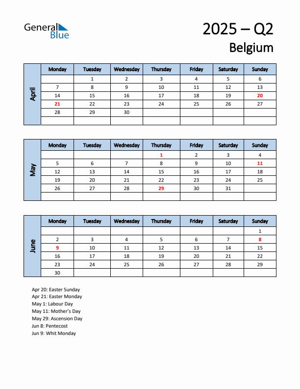 Free Q2 2025 Calendar for Belgium - Monday Start