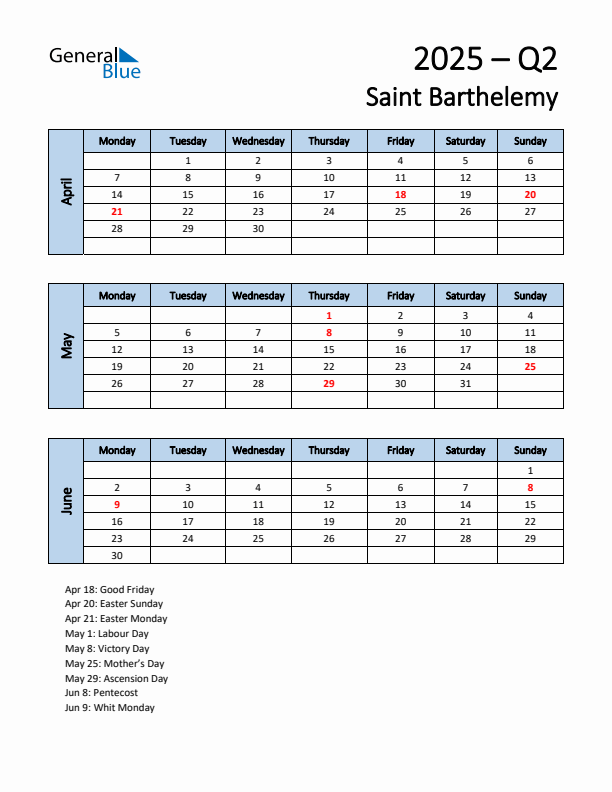 Free Q2 2025 Calendar for Saint Barthelemy - Monday Start