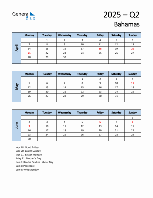 Free Q2 2025 Calendar for Bahamas - Monday Start